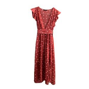 Long Burnt Orange Polka Dot Print Midi Maxi Dress Short Sleeves Medium Rust